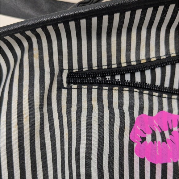 Luv Betsey Johnson Black White Striped Glitter Pink Heart Bow Tote Bag - Picture 9 of 11